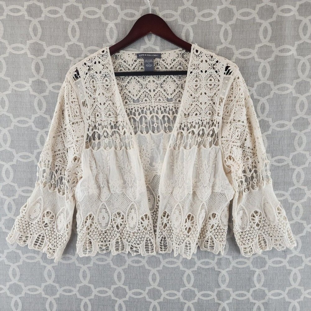 Kate & Mallory Cream Crochet Lace Open-Front Cardigan